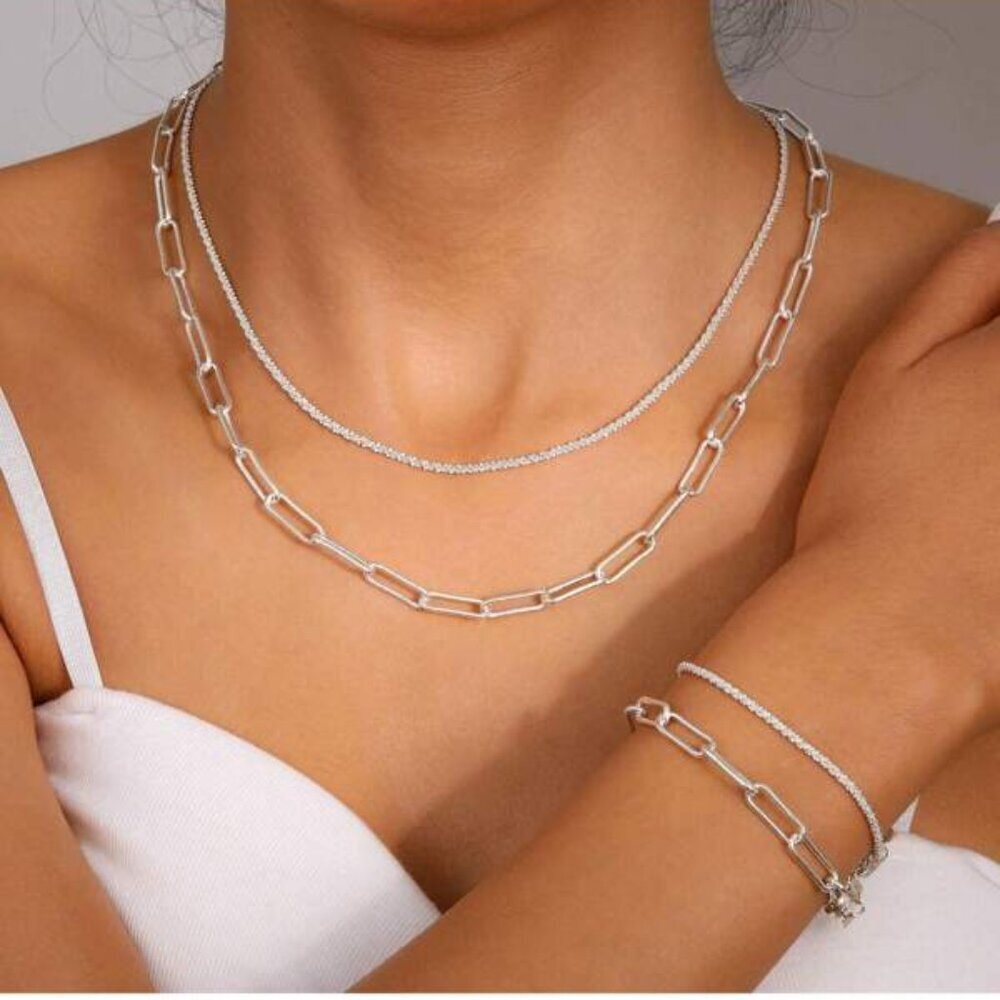 Sterling Silver 925 Paperclip Chain & Tennis Necklace Set